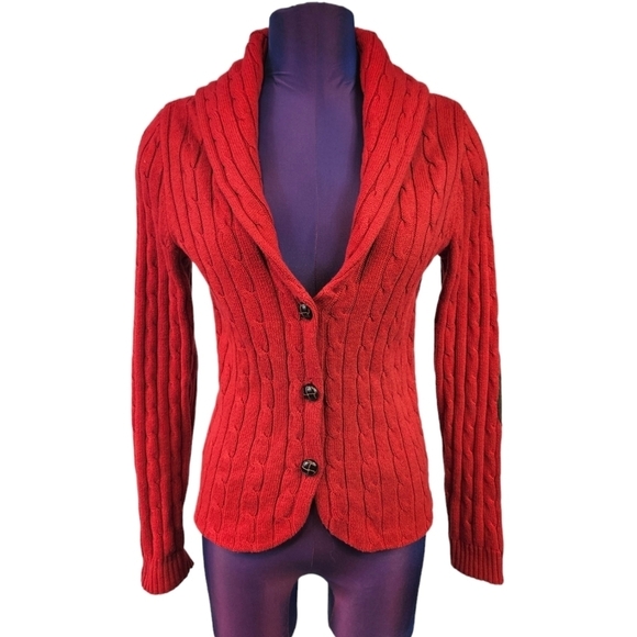 Chaps Denim Classic Red Cable Knit Grandpa Cardigan Sweater Size Medium‎ - Picture 1 of 10